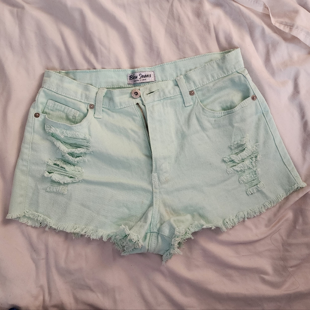 Bleu Jeans Women L Distressed Mint Pastel Pocket High Waisted Hot Shorts
